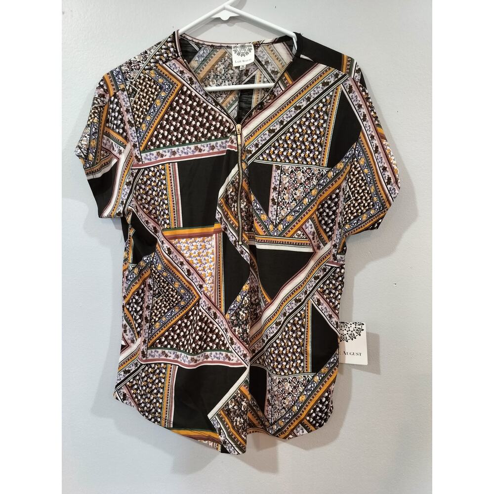 Late August Boho Patchwork Print Zip Front Short Sleeve Top Small